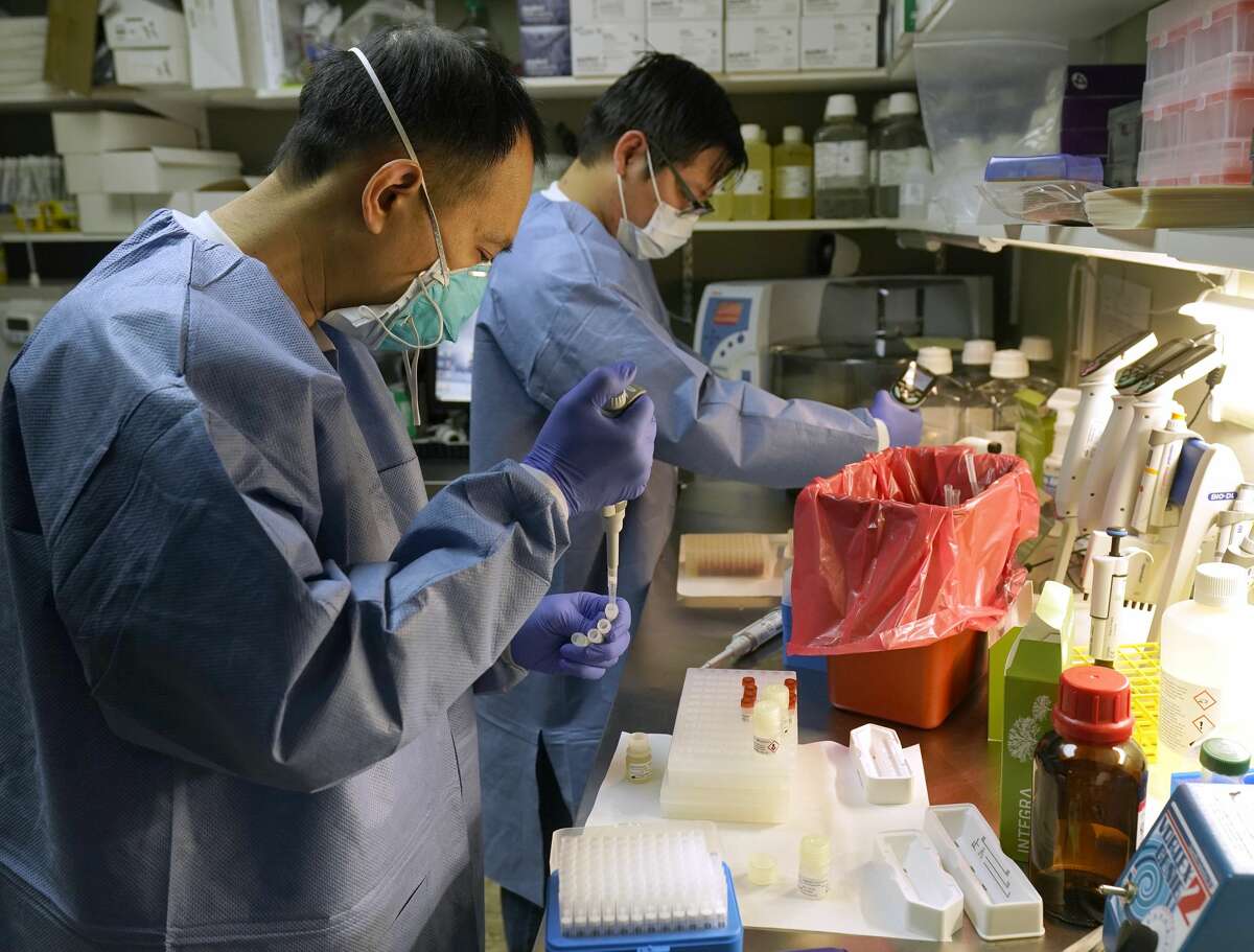 Tan Le, left, and Tunj Mai, both molecular technologist, work with specimens as part of the COVID-19 testing in the labs at Altru Diagnostics Monday, April 13, 2020, in Houston.