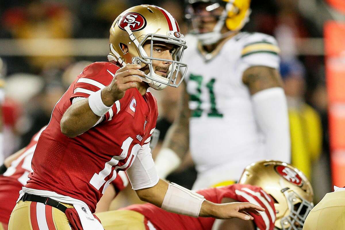 San Francisco 49ers quarterback Jimmy Garoppolo (10) at the line of scrimmage in the NFC Championship Game against the Green Bay Packers at Levi’s Stadium, Sunday, Jan. 19, 2020, in San Francisco, Calif. The San Francisco 49ers won 37-20 against the Green Bay Packers. The 49ers will play the Kansas City Chiefs in the Super Bowl.
