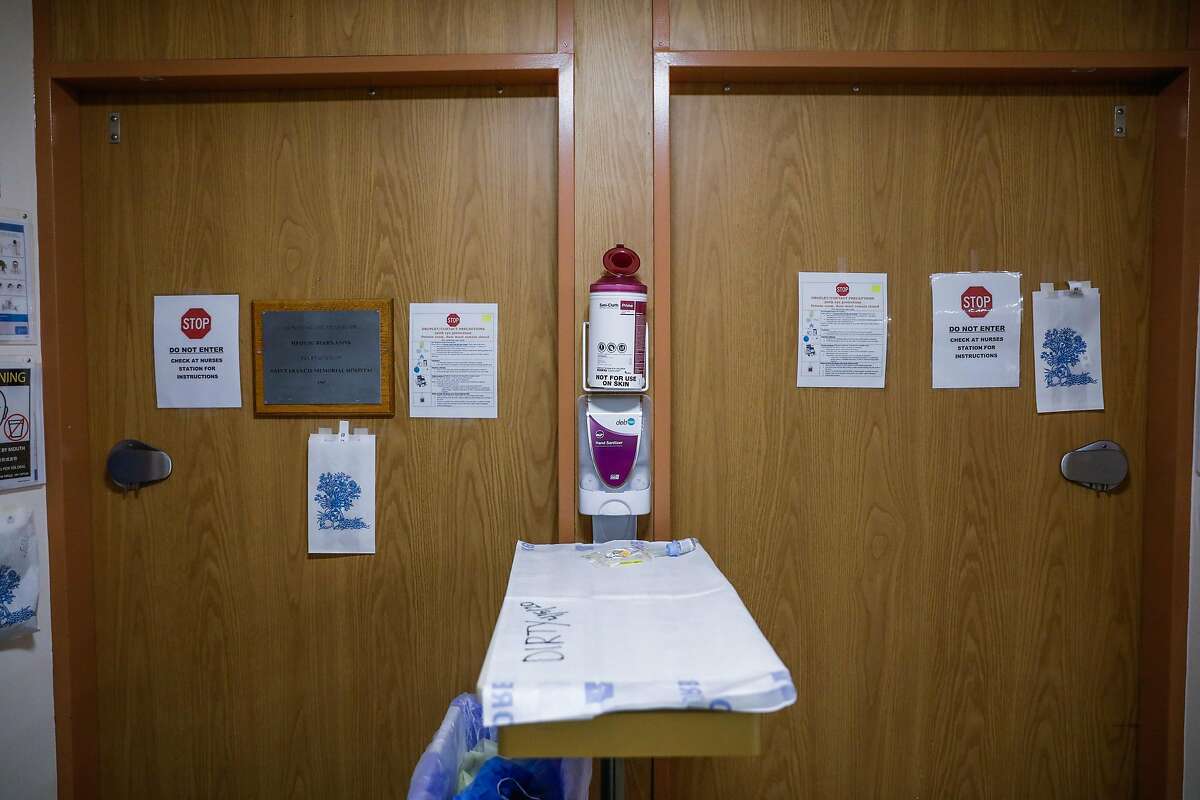 These doors lead to patients’ rooms on the COVID-19 floor at St. Francis Hospital in San Francisco.