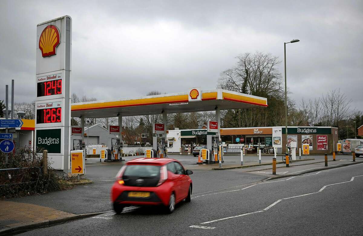 A Shell petrol station is pictured in Farnborough, 40 miles southwest of London.