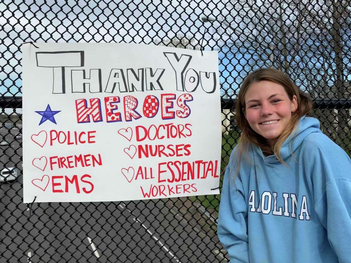 In April, Sophie Pullen was one of the members of The Depot's Girls Night Out club who helped to create and place thank-you posters around town for Darien's medical staff and first responders.