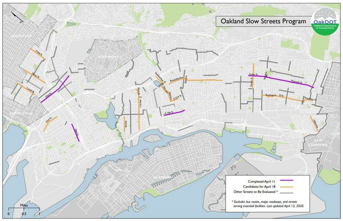 A map of the affected streets, from the city of Oakland website. The city physically closed off four streets on April 11. They plan to do "soft closures" on an additional 4-5 miles of streets starting April 18.