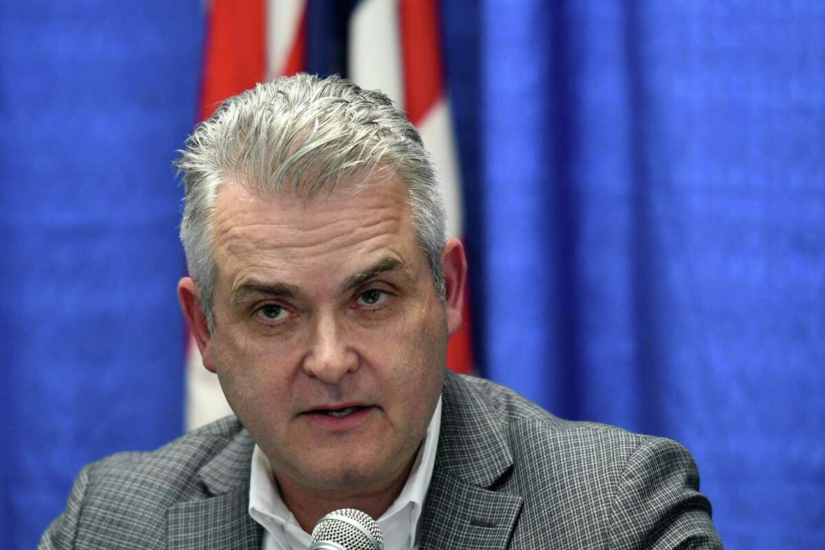 Rensselaer County Executive Steve McLaughlin delivers an update on the county's ongoing coronavirus response on Thursday, April 16, 2020, at the Rensselaer County Office Building in Troy, N.Y. (Will Waldron/Times Union)