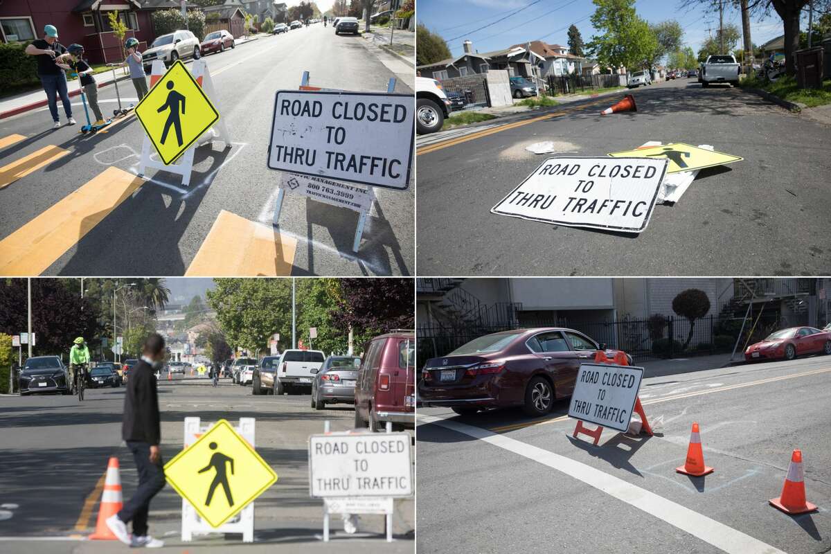 Oakland's "Slow Street" program started with a pilot program (clockwise from top left) of 42nd, Arthur through Plymouth Street, East 16th, and West streets. Signs, barricades, and cones were placed to signify the soft closure of the streets for pedestrians and to encourage physical activity.