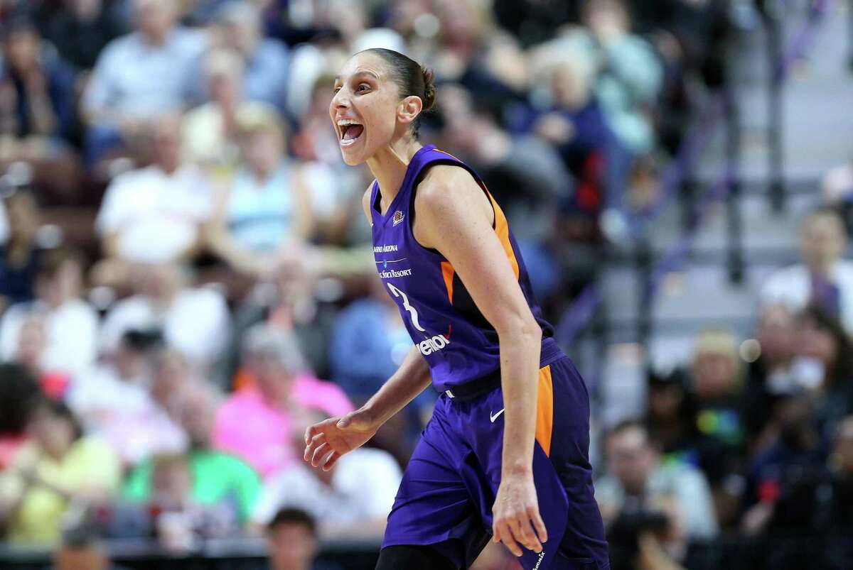 Phoenix Mercury guard Diana Taurasi reacts during a WNBA game against the Connecticut Sun at Mohegan Sun Arena in Uncasville in 2018.