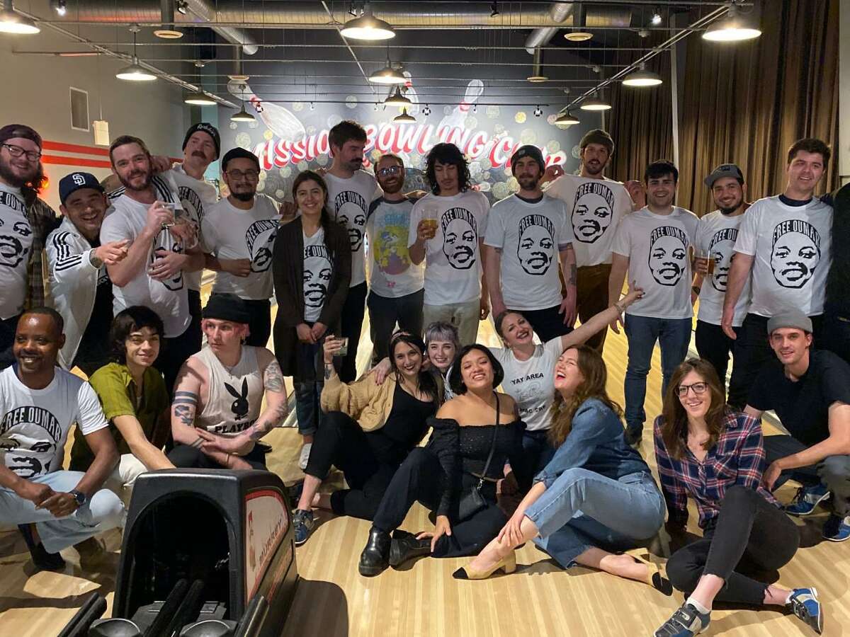 Supporters pictured in a bowling alley during a fundraiser for Oumar Yaide, an undocumented immigrant and San Francisco resident who was ordered to be released Thursday from the Yuba County Jail in Marysville on $10,000 bond.