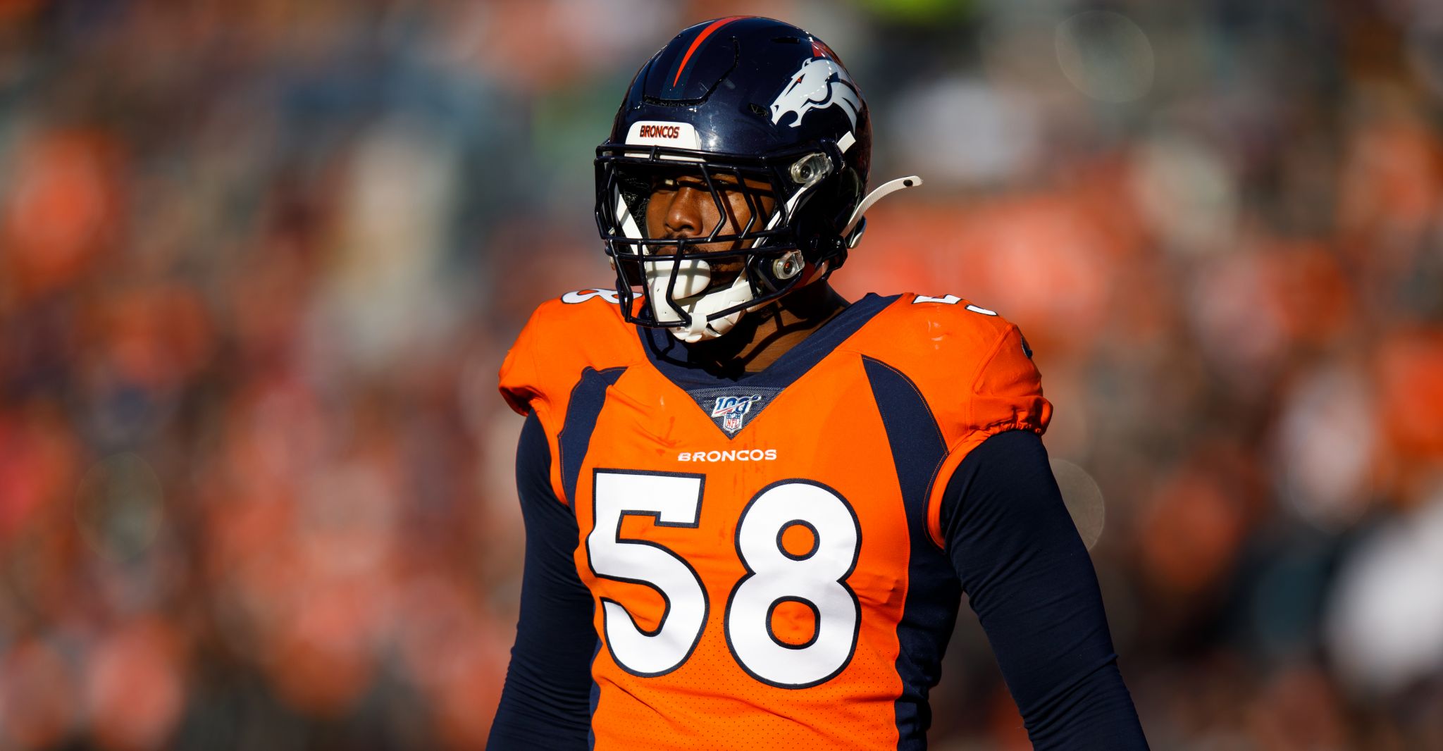 Denver Broncos outside linebacker Von Miller (58) takes part in