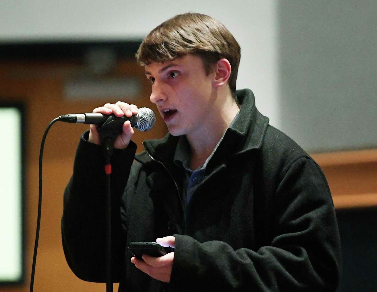 Shelton High senior Matt McGee of SHS Students Fight for Change speaks against the appointment of Beth Smith as superintendent during the public comment section of the Shelton Board of Education meeting at Shelton Intermediate School in Shelton, Conn. on Wednesday, February 26, 2020. Saying they had a petition with 1800 signatures, McGee laid out his group's four part demands for the hiring search for a new superintendent.