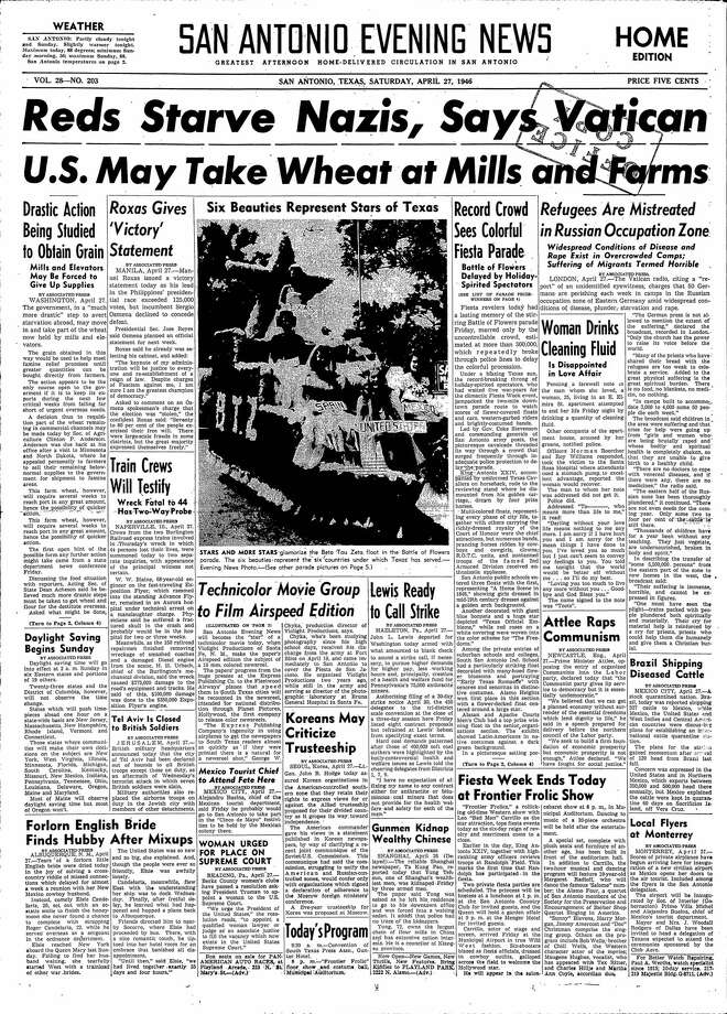 Front page of the San Antonio Express-New Evening News on April 27, 1946. Photo: EXPRESS-NEWS FILE PHOTO