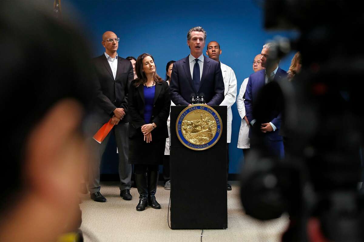 California Governor Gavin Newsom and Oakland Mayor Libby Schaaf give update on Grand Princess cruise ship in Oakland, Calif., on Sunday, March 8, 2020.
