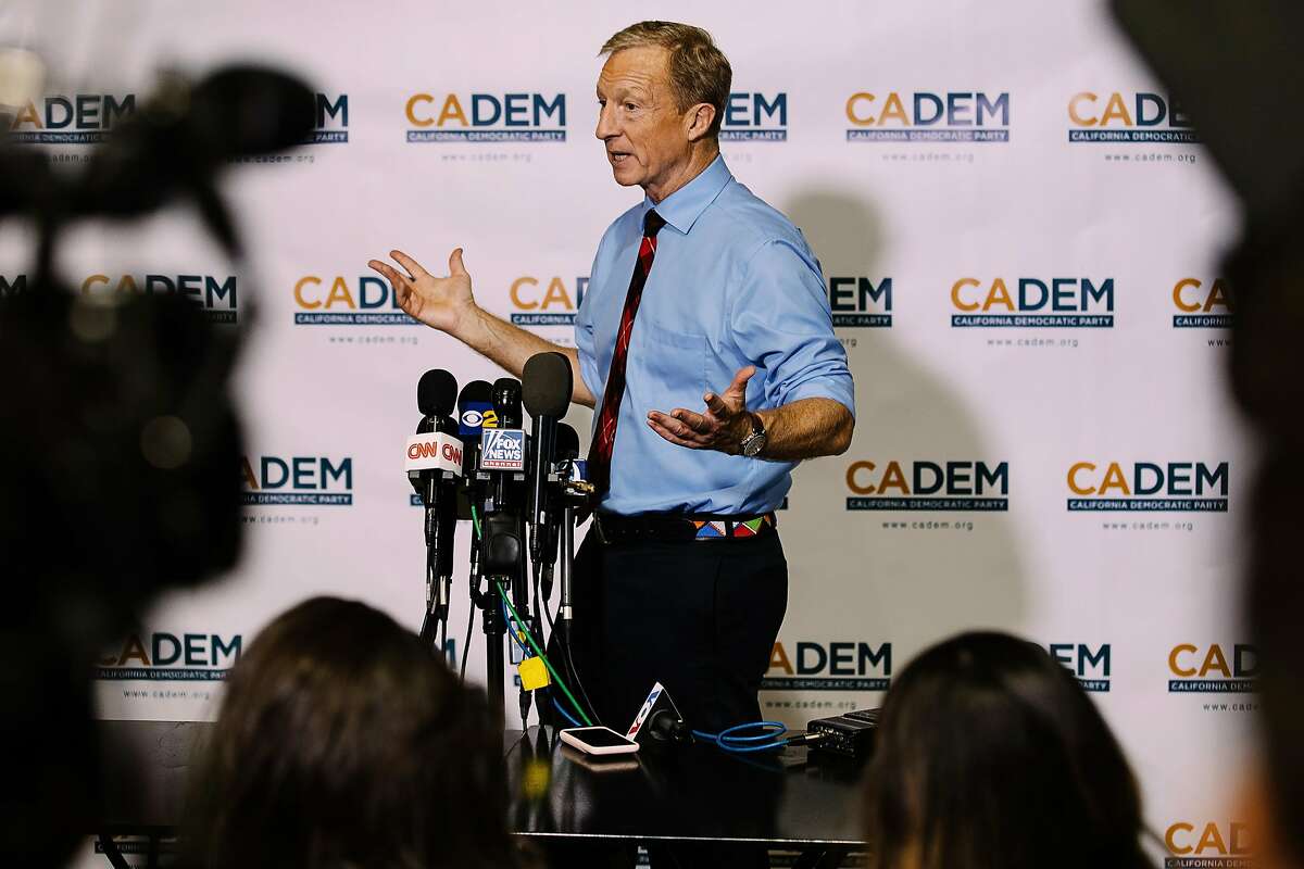 LONG BEACH, CA - NOVEMBER 16: Tom Steyer speaks to members of the media at the California Democratic Party's 2019 Fall Endorsing Convention at the Long Beach Convention Center in Long Beach, California November 16, 2019.