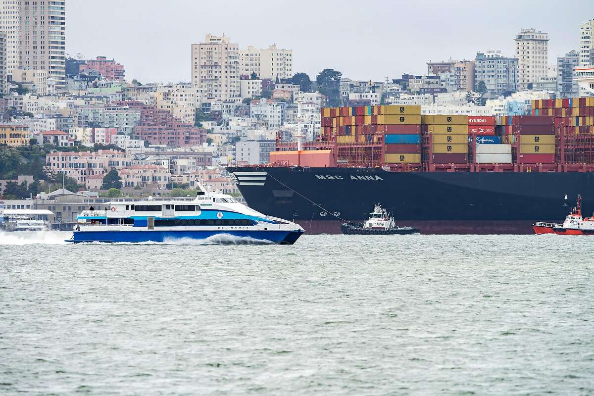 The MSC Anna arrives to the San Francisco Bay as it makes its way to the Port of Oakland on Thursday, April 16, 2020, in San Francisco, Calif.
