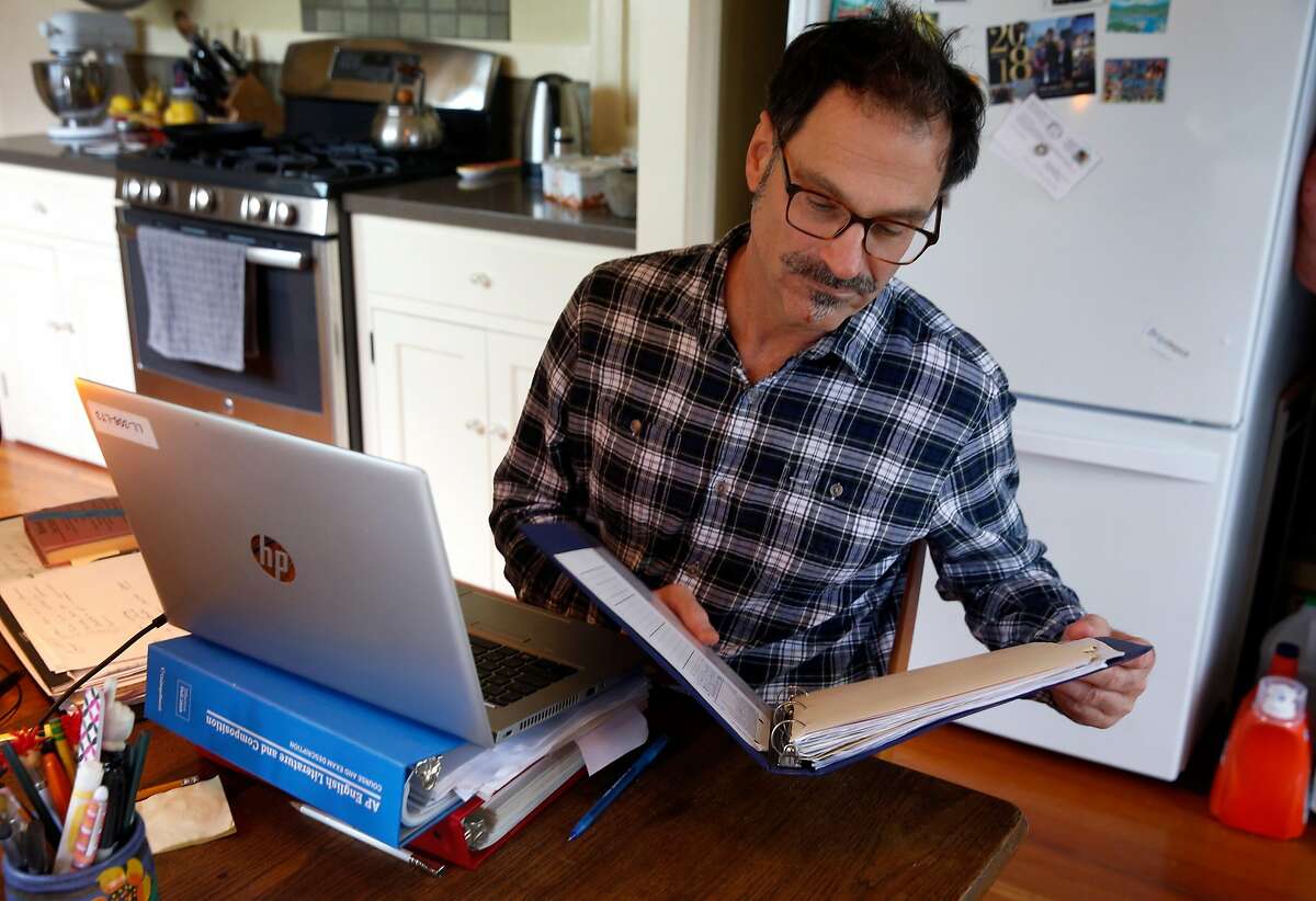 Will Cautero prepares to teach his 11th grade English class to Las Lomas High School students remotely from his home in Oakland, Calif. on Thursday, April 16, 2020.