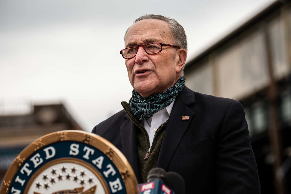 NEW YORK, NY - APRIL 14: Senate Minority Leader Chuck Schumer (D-NY) speaks at a press conference at Corona Plaza in Queens on April 14, 2020 in New York City. (Photo by Scott Heins/Getty Images)
