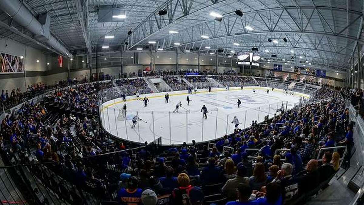 A large crowd gathers to watch a Blues preseason workout at the Centene Community Ice Center. The center will serve as the host site for the 2022 ACHA Championships.
