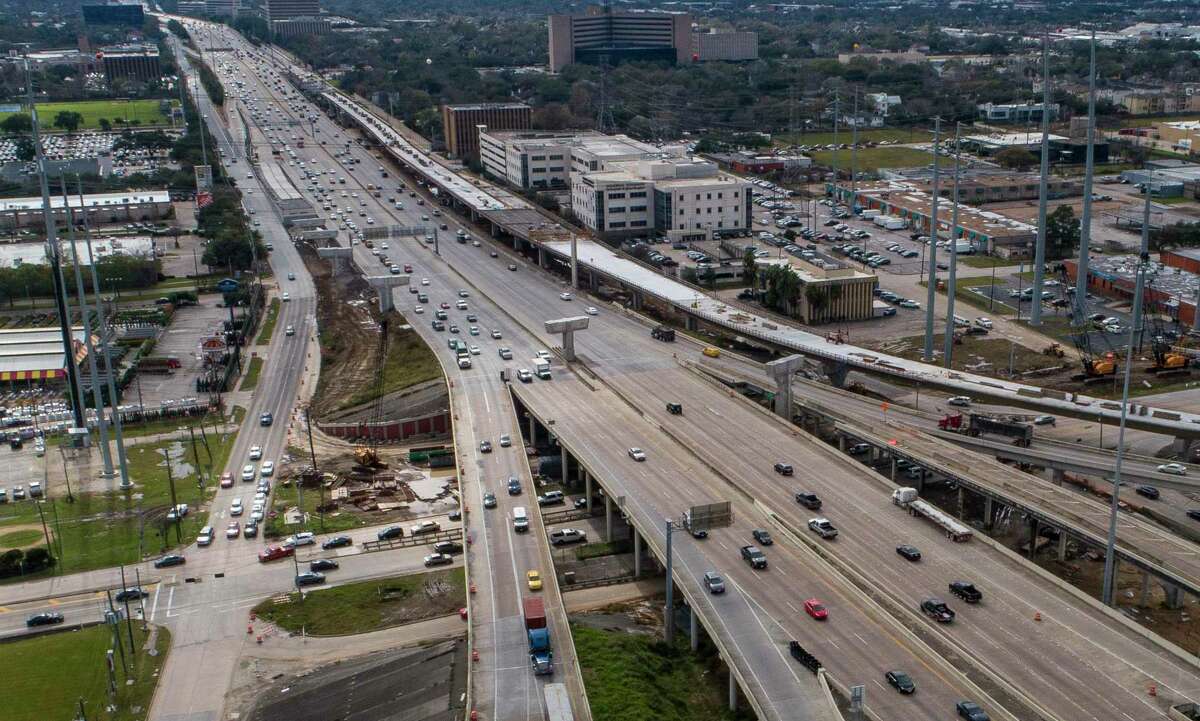 The new connection from northbound Interstate 69 to southbound Loop 610, the top-most lanes from the right of this Jan. 29, 2020 aerial, opened Sunday. The ramp includes the new exit to Fournace, south of Westpark.
