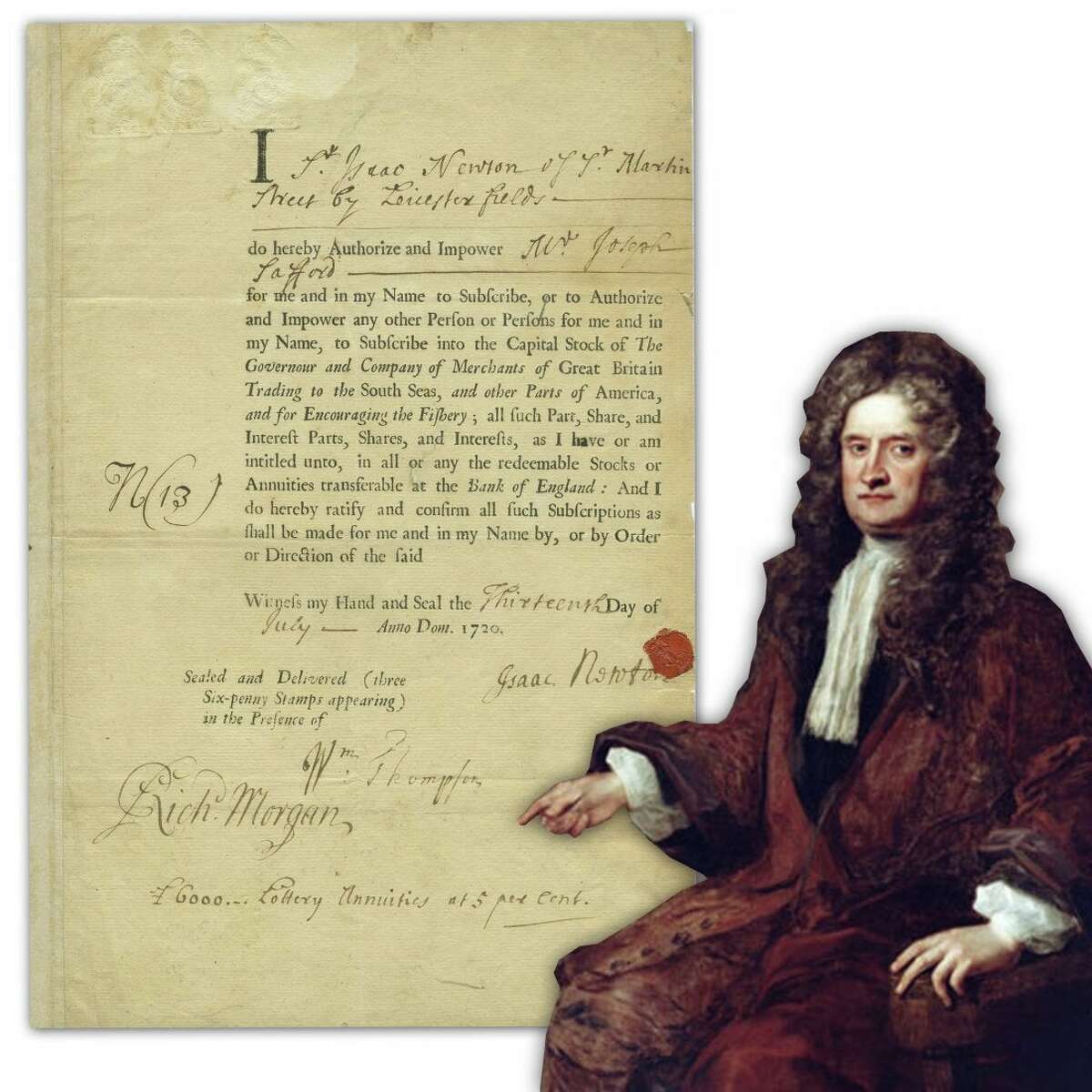 Partly printed and partly handwritten one-page document signed by Sir Isaac Newton, dated July 13, 1720, regarding his investment in the ill-fated South Seas Company.