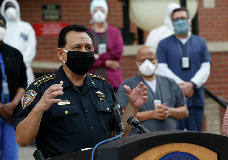 Harris County Sheriff Ed Gonzalez talks about a donation of 3,000 bars of soap and 600 face masks, and the partnership between UMMC and the Harris County Jail to do more testing, during a press conference on April 21, 2020. Photo: Godofredo A. Vásquez,  Staff Photographer / © 2020 Houston Chronicle