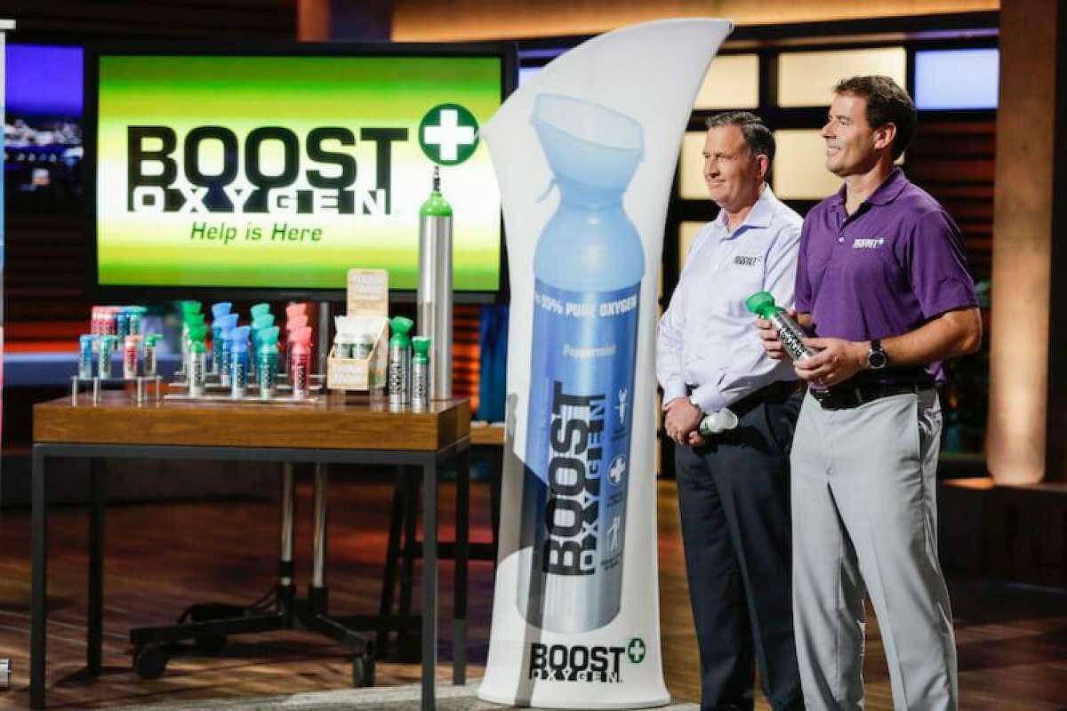 From left, Boost Oxygen Chief Operating Officer Michael Grice and Chief Executive Officer Rob Neuner on ABC’s “Shark Tank.”