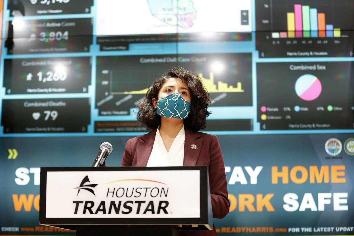 Harris County Judge Lina Hidalgo speaks at a news conference, wearing a mask, to provide COVID-19 announcements and updates, including the new rules requiring everyone to wear masks while outside, in Houston, Wednesday, April 22, 2020.