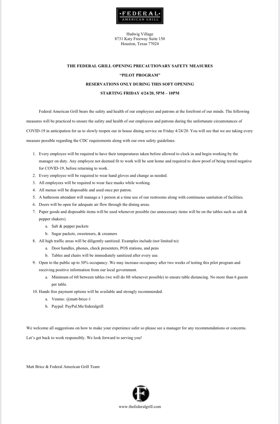 Houston restaurant owner to reopen Federal Grill Hedwig Village for in