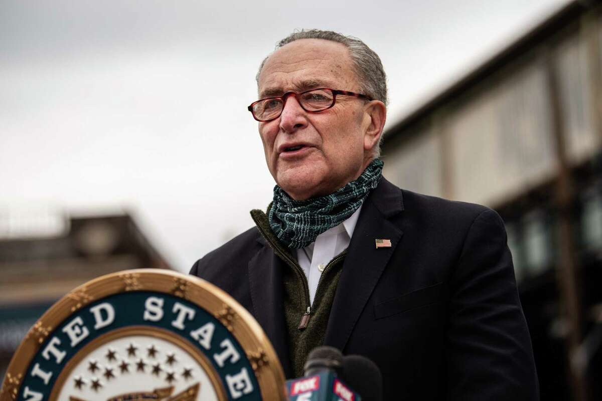 NEW YORK, NY - APRIL 14: Senate Minority Leader Chuck Schumer (D-NY) speaks at a press conference at Corona Plaza in Queens on April 14, 2020 in New York City. Schumer was joined by Representative Alexandria Ocasio-Cortez (D-NY) at the conference, where both called for the Federal Emergency Management Administration to fund funeral costs in low-income communities of color during the ongoing amid the coronavirus pandemic. (Photo by Scott Heins/Getty Images)