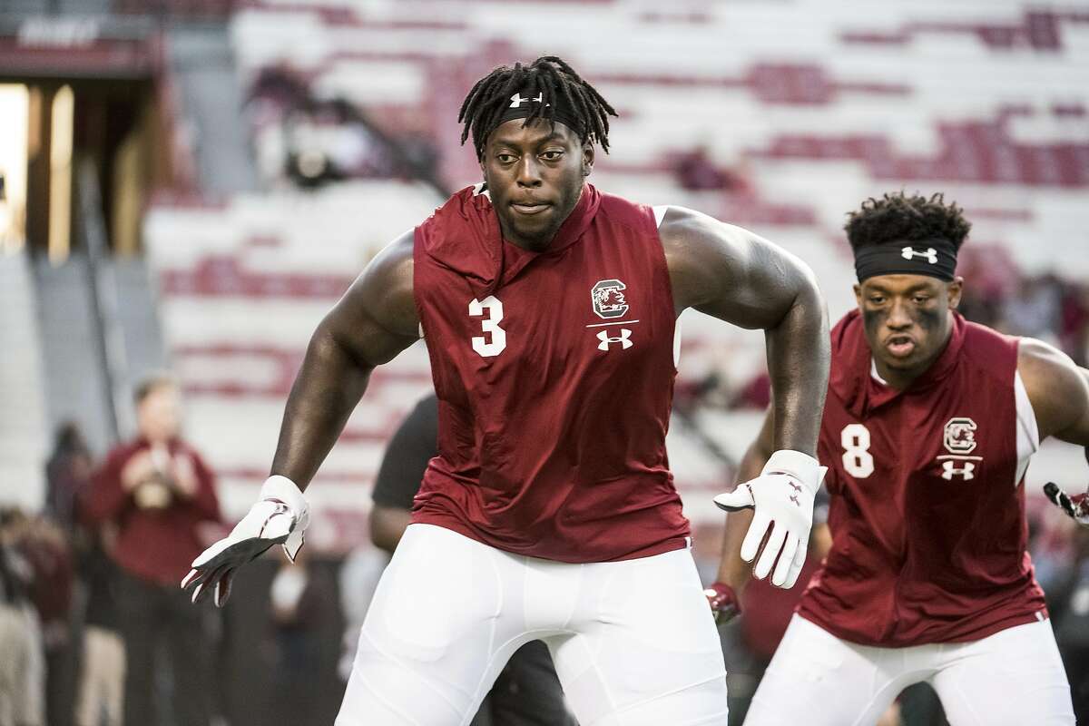 FILE - In this Nov. 2, 2019, file photo, South Carolina defensive lineman Javon Kinlaw (3) warms up before the team's NCAA college football game against Vanderbilt in Columbia, S.C. Kinlaw was chosen by the San Francisco 49ers in the NFL draft. (AP Photo/Sean Rayford, File)