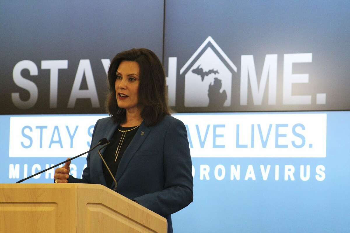 Gov. Gretchen Whitmer speaks during a press conference in this photo provided by the governor's office.