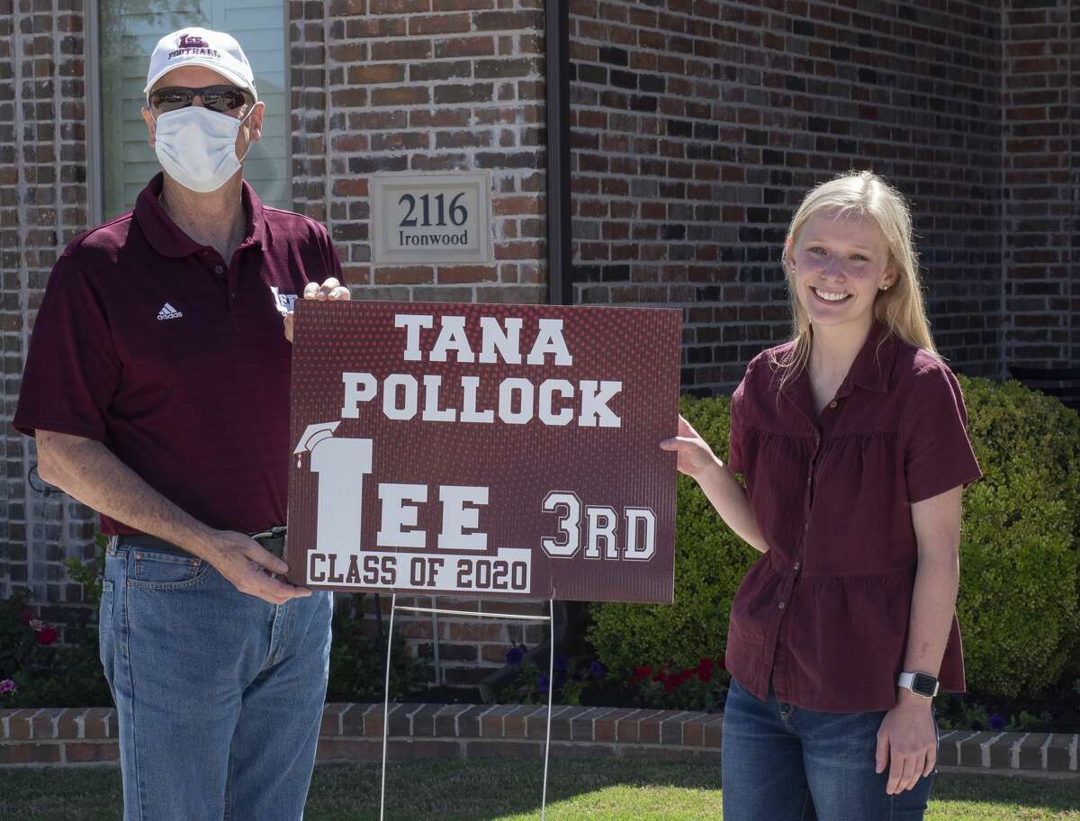 Lee High administrators and counselors caravan through town 04/24/2020 stopping to honor the top 10 seniors of 2020. Principal Stan VanHoozer presents Tana Pollock the #3 senior for LHS. Tim Fischer/Reporter-Telegram