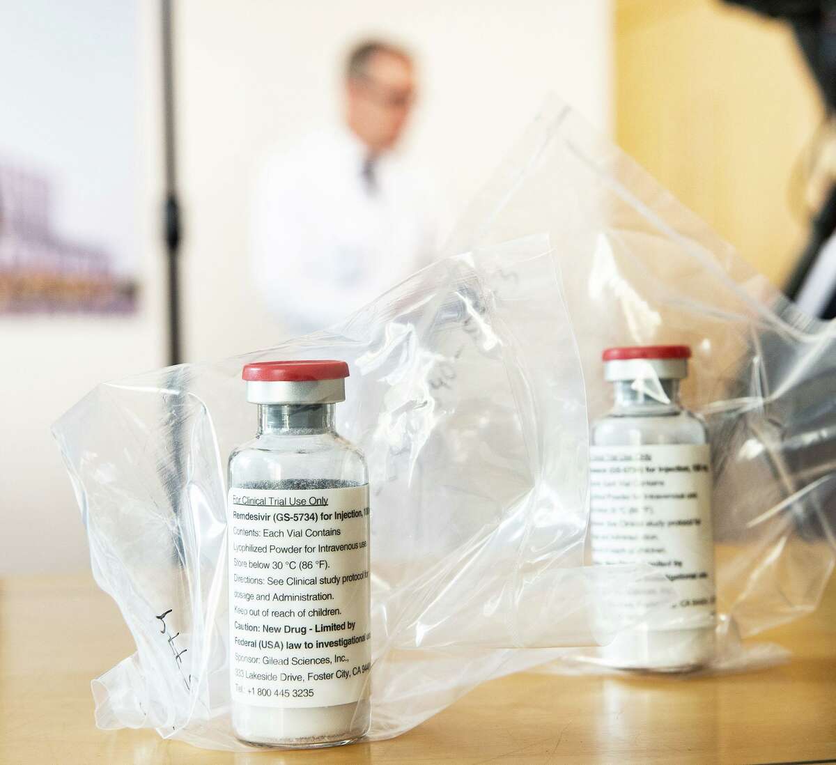 Vials of the drug Remdesivir on display during a news conference about the start of a study with use of the drug in severely ill patients at the University Hospital Eppendorf in Hamburg, Germany, on April 8, 2020, amid the coronavirus pandemic.