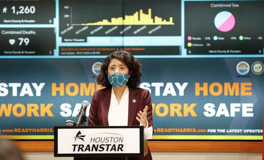 Harris County Judge Lina Hidalgo speaks at a news conference, wearing a mask, to provide COVID-19 announcements and updates, including the new rules requiring everyone to wear masks while outside, in Houston, Wednesday, April 22, 2020. Photo: Karen Warren, Houston Chronicle / Staff Photographer / © 2020 Houston Chronicle