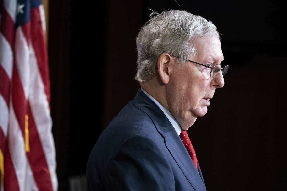 Senate Majority Leader Mitch McConnell, a Republican from Kentucky, speaks during a news conference in the U.S. Capitol in Washington, D.C., U.S., on Tuesday, April 21, 2020. In a statement, McConnell said "I welcome this bipartisan agreement and hope the Senate will quickly pass it once members have reviewed the final text." Photographer: Sarah Silbiger/Bloomberg
