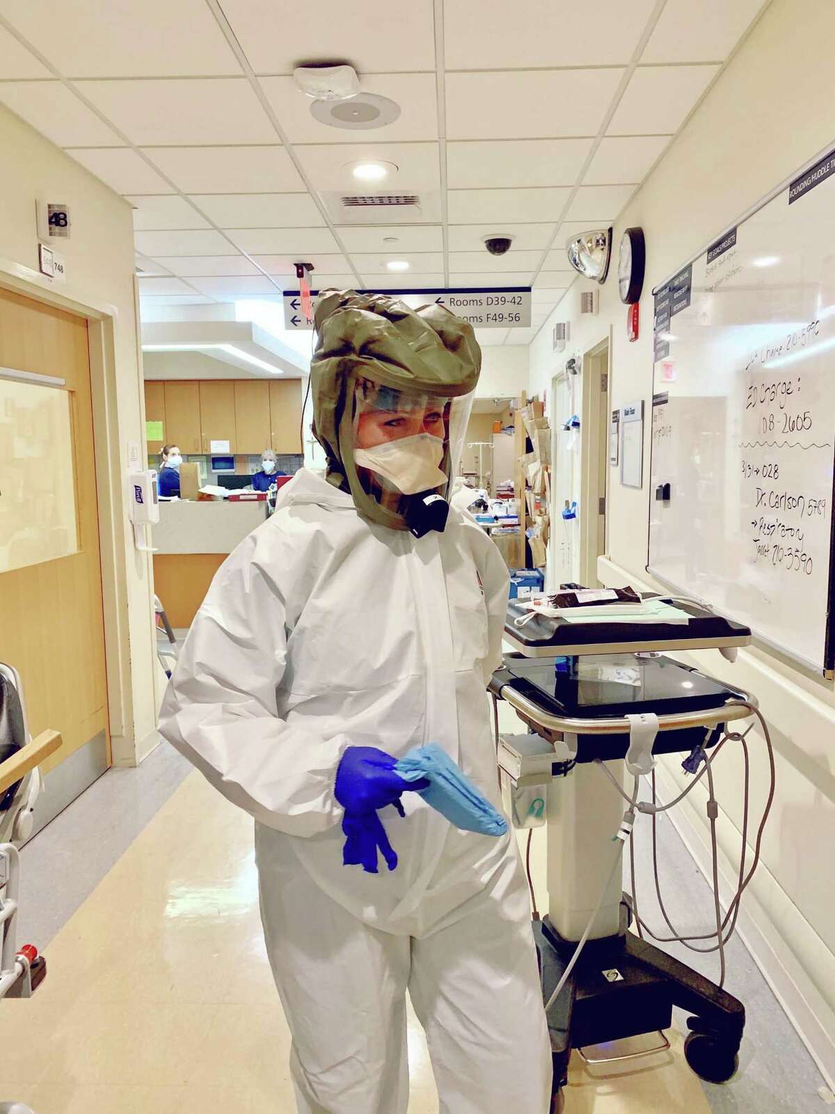 Nurse Allison Gorlo, CRNA at St. Vincent’s Medical Center in Bridgeport, wears Personal Protective Equipment, (PPE), which was recently provided by the Grace Farms Foundation in New Canaan. One alliance serves the community to stop the coronavirus, and help people protect themselves from it, and, or those who have it, or COVID-19, its disease. The foundation is located at 365 Lukes Wood Road in New Canaan.
