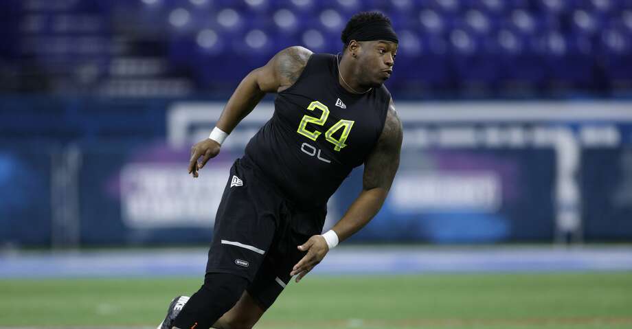 Offensive lineman Cordel Iwuagwu of TCU runs a drill during the NFL Combine at Lucas Oil Stadium on February 28, 2020 in Indianapolis, Indiana. (Photo by Joe Robbins/Getty Images) Photo: Joe Robbins/Getty Images / 2020 Joe Robbins