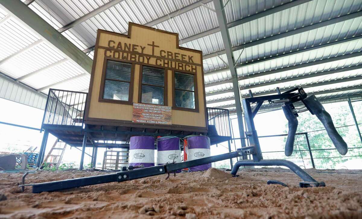 The empty rodeo arena booth at Caney Creek Cowboy Church is seen after it was broken into, Friday, April 24, 2020, in Conroe. Thieves stole audio equipment from the booth, burglarized the organization’s office, van and attempted to steal heavy equipment last Sunday, April 19. Two other east county churches have also been burglarized since public health measures and restrictions were implemented in March.