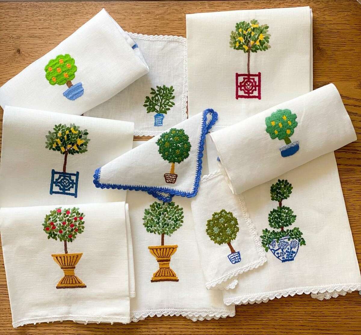 Hibiscus linens: Is there anything prettier or more welcoming than a hand-embroidered hand towel in a powder bathroom, or delicate cocktail napkins for a girlfriends’ happy hour? Hibiscus Linens has an inventory of both and will custom make or monogram anything. Topiary cocktail napkins are $125 for sets of 4, hand towels are $145-$165. DIY kits, including an online class, are $22-$86. hibiscuslinens.com