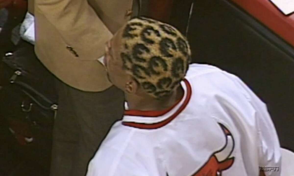 Chicago Bulls forward with 33s dyed into his hair to celebrate the return of Scottie Pippen to the Bulls in January 1998.