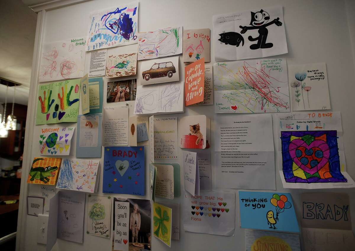 Zach and Katie Horan's "Wall of Hope" for son Brady, currently in the neonatal ICU at Connecticut Children's Medical Center in Hartford, in their home in Redding, Conn. on Thursday, April 23, 2020.