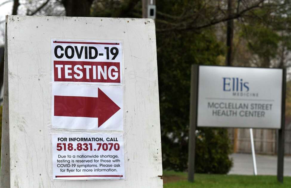 A sign points to the new Ellis McClellan Street campus COVID-19 testing site on Monday, April 27, 2020, in Schenectady, N.Y. Schenectady opened its first mobile testing sites this week. (Will Waldron/Times Union)