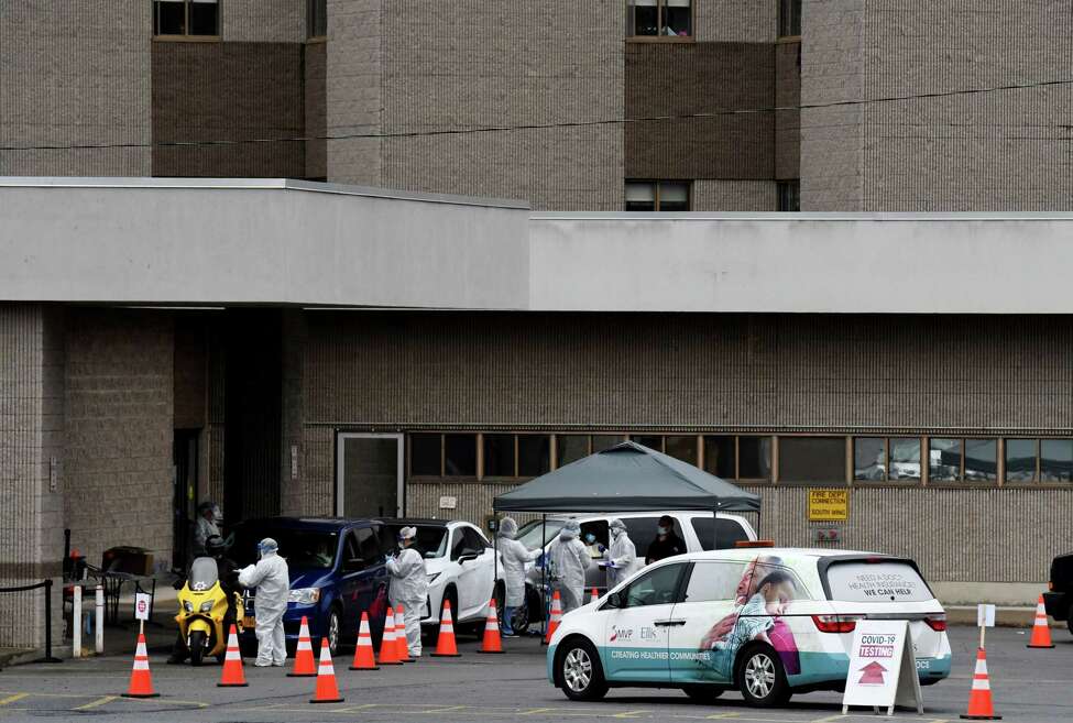 People are tested at the new Ellis McClellan Street campus COVID-19 testing site on Monday, April 27, 2020, in Schenectady, N.Y. Schenectady opened its first mobile testing sites this week. (Will Waldron/Times Union)