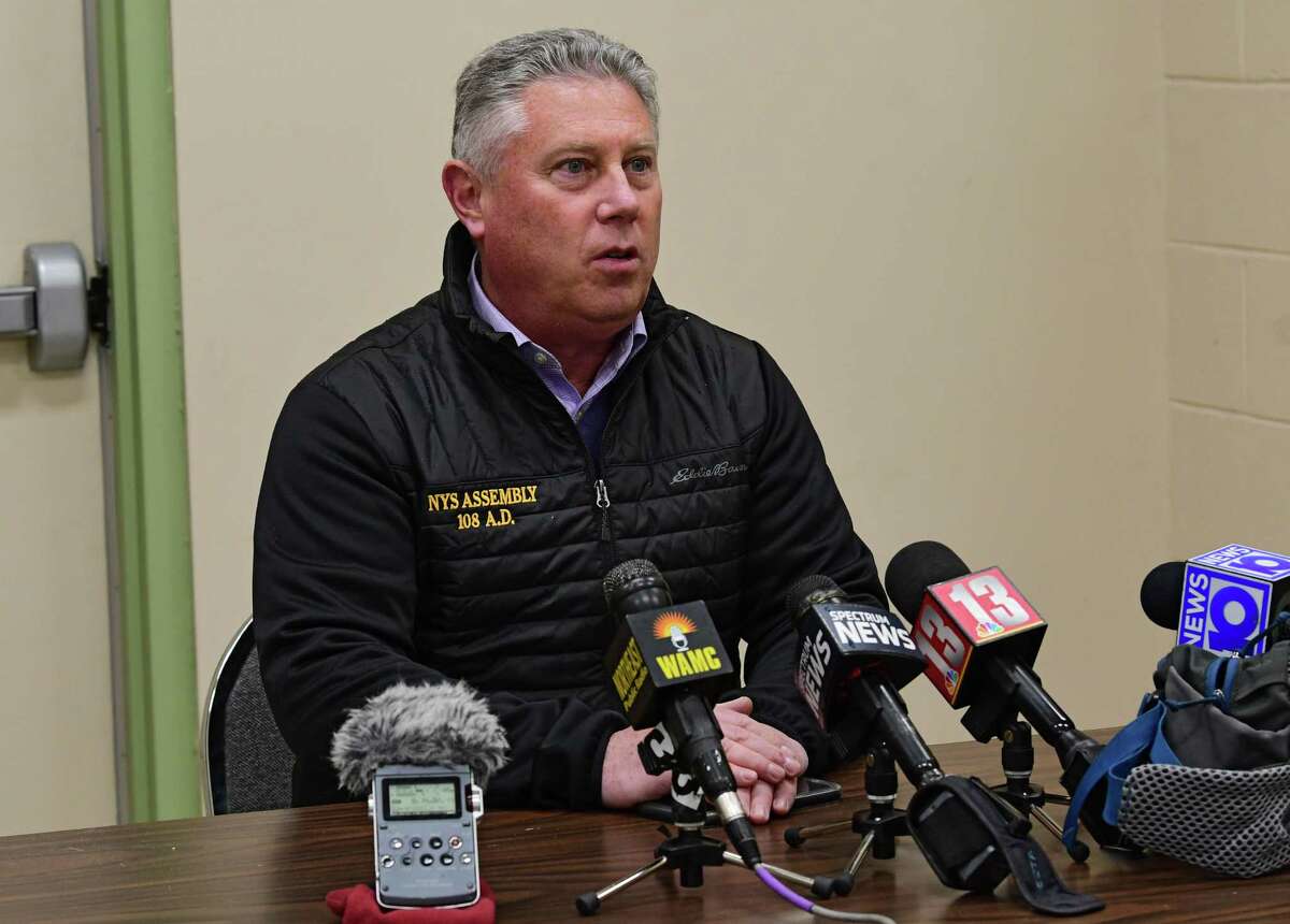 Assemblymember John McDonald speaks during a press conference at the Saratoga Sites community room regarding the results of the Bennington College study on PFAS levels around the Norlite incinerator on Monday, April 27, 2020 in Cohoes, N.Y. (Lori Van Buren/Times Union)