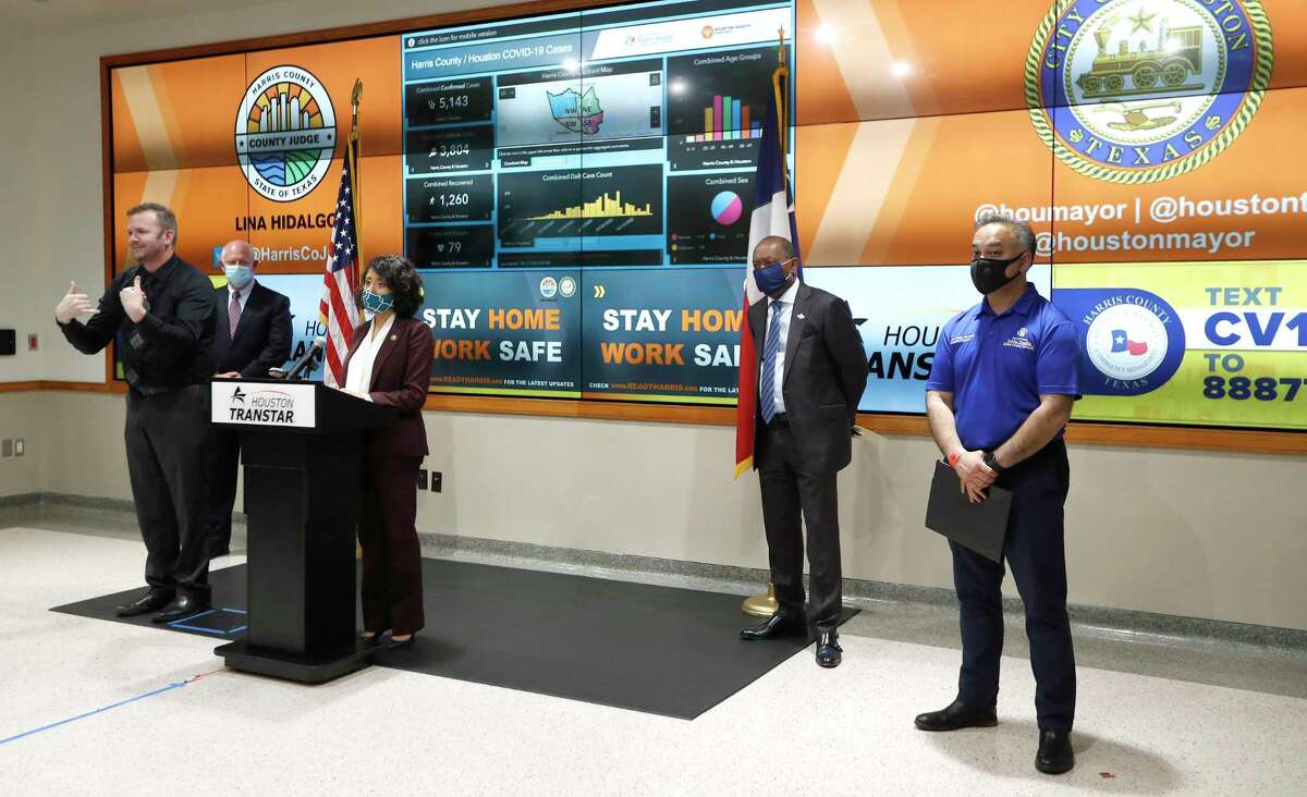 Harris County Judge Lina Hidalgo speaks at a news conference with Houston Mayor Sylvester Turner to provide COVID-19 announcements and updates, including the new rules requiring everyone to wear masks while outside, in Houston, Wednesday, April 22, 2020.