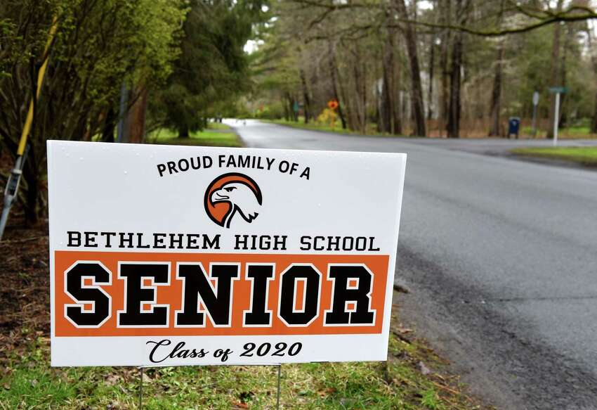 A sign celebrates the graduation of a Bethlehem High School senior on Monday, April 27, 2020, on Murray Avenue in Delmar, N.Y. (Will Waldron/Times Union)