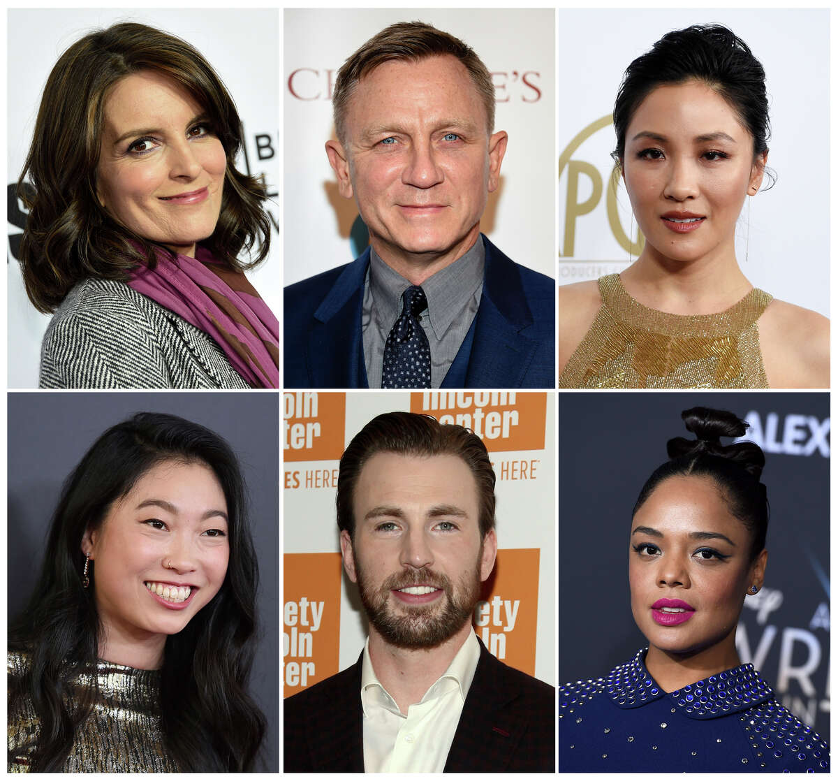 This combination photo shows, top row from left, Tina Fey, Daniel Craig, Constance Wu, and bottom row from left, Awkwafina, Chris Evans and Tessa Thompson, who will be presenters at the 91st Academy Awards on Feb. 24. (AP Photo)