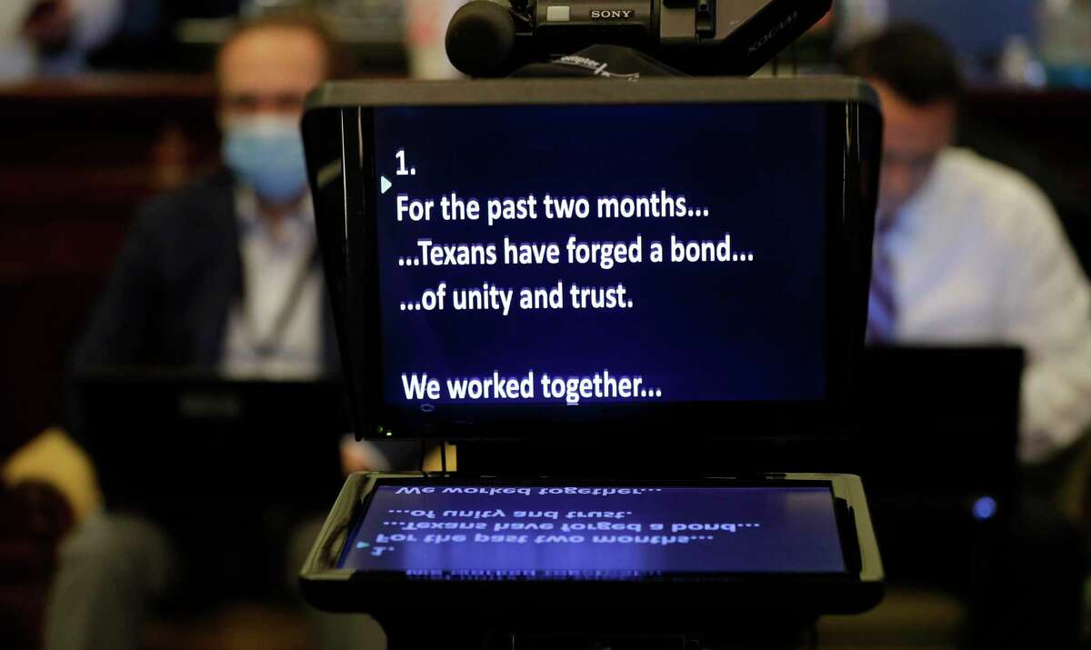 A teleprompter is seen as a news conference where Texas Gov. Greg Abbott announced he would relax some restrictions imposed on some businesses due to the COVID-19 pandemic, Monday, April 27, 2020, in Austin, Texas. (AP Photo/Eric Gay)