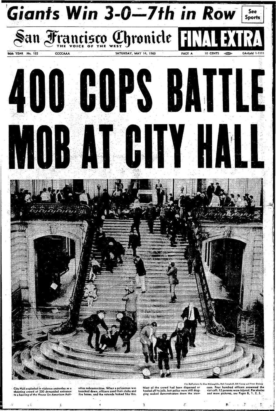 The front page of The Chronicle on May 14, 1960, reports on the chaos at City Hall.