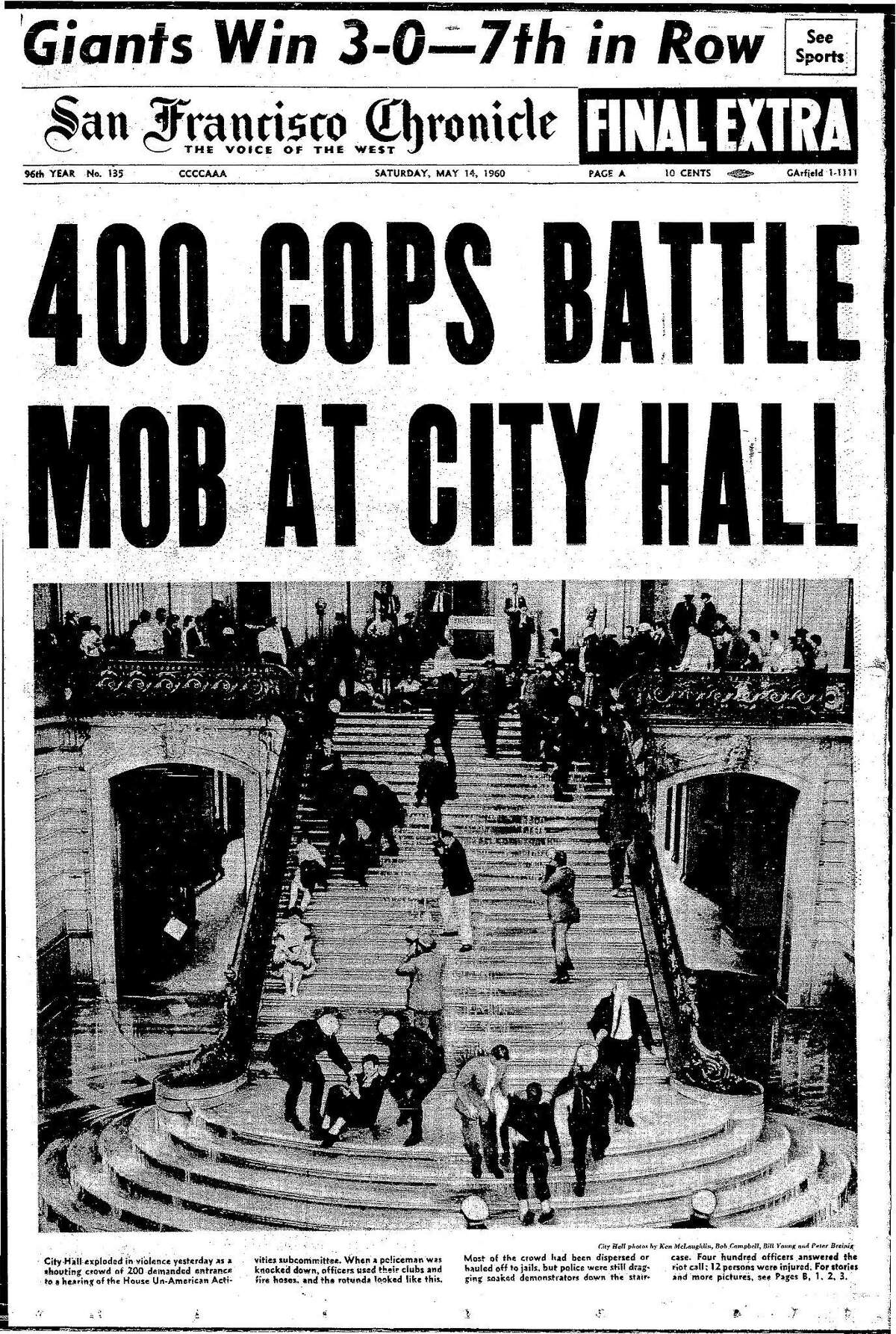 Historic Chronicle Front Page May 14, 1960 Police hose down protesters at City Hall Chron365, Chroncover