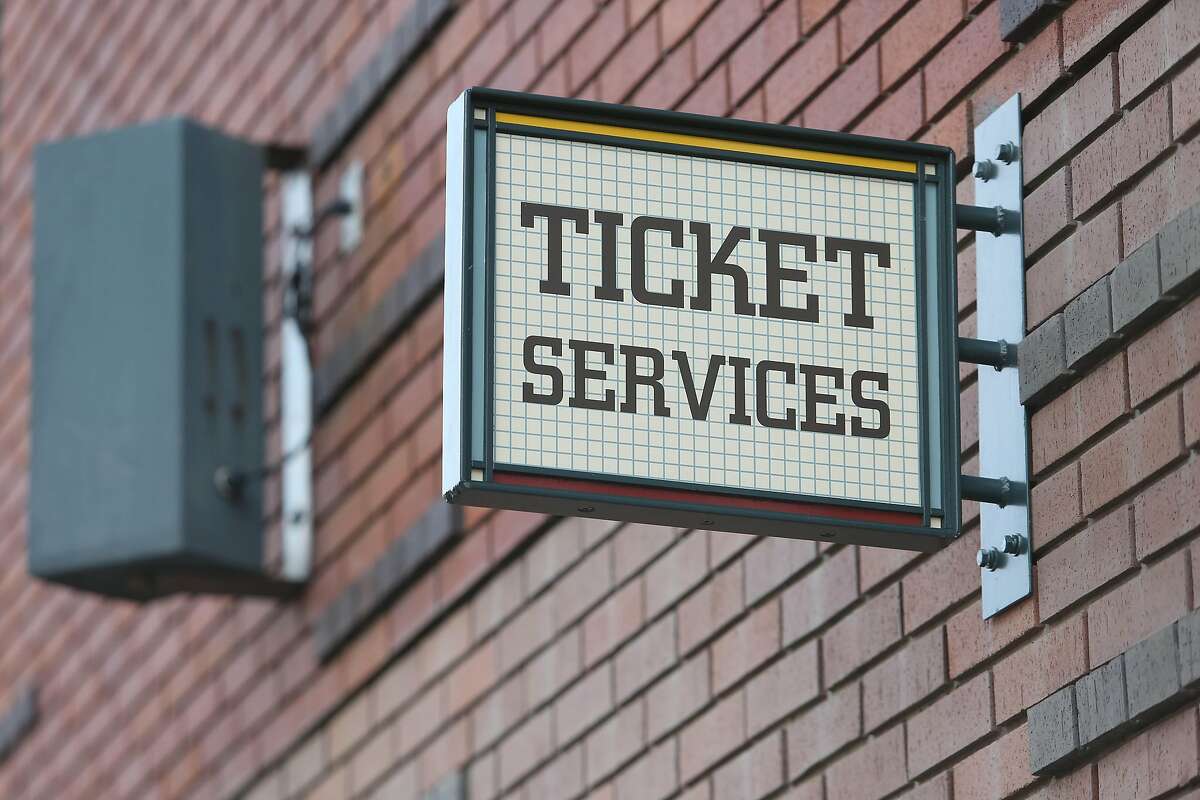 A ticket services sign is seen above a ticket services door at Oracle Park on Tuesday, March 17, 2020 in San Francisco, Calif.
