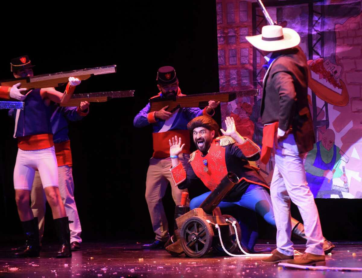 The satirical revue Cornyation raises about $60,000 annually for the San Antonio AIDS Foundation. Here, Mexican General Santa Anna is faced down by William Barrett Travis.