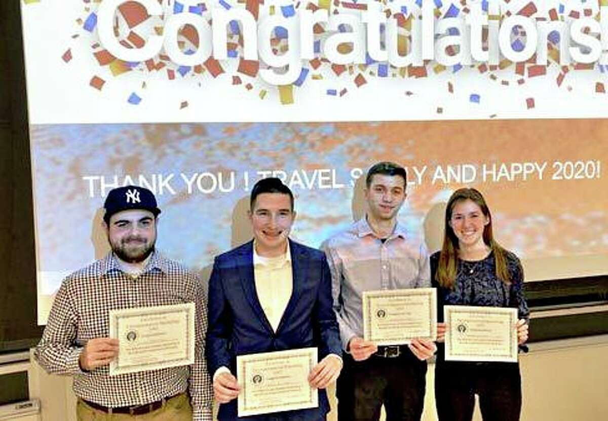 Shown, from left, are Bryant University Entrepreneurial Marketing students, Andrew Dougherty of Deep River, Zachary Richardson, Andre Rochealeau and Caroline Meizen.